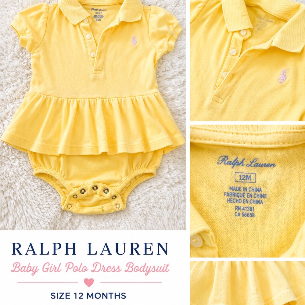 Ralph Lauren Baby Girl Yellow Polo Dress Bodysuit Size 12M